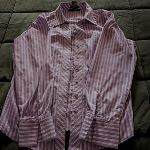 Can Heusen blouse, lavender and white stripe with decorative button front. L.